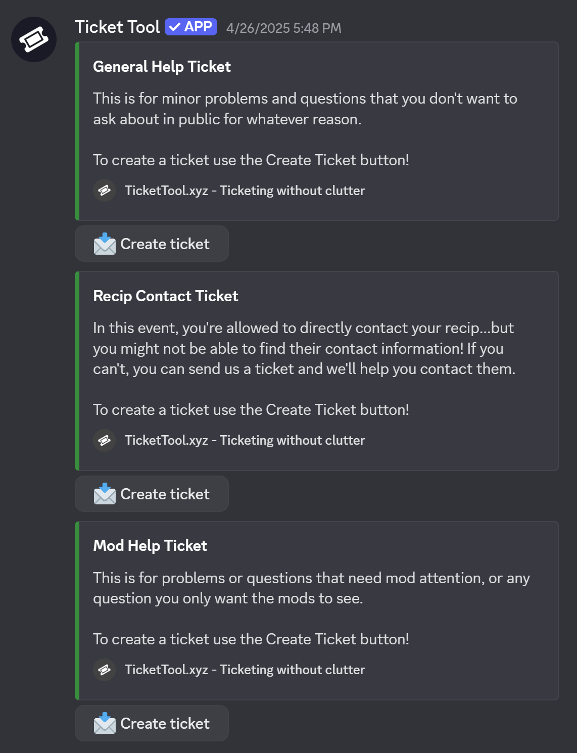 A screenshot of our three tier ticket system showing that we had general help tickets, recip contact tickets, and mod help tickets. Each type of ticket has a "Create Ticket" button.